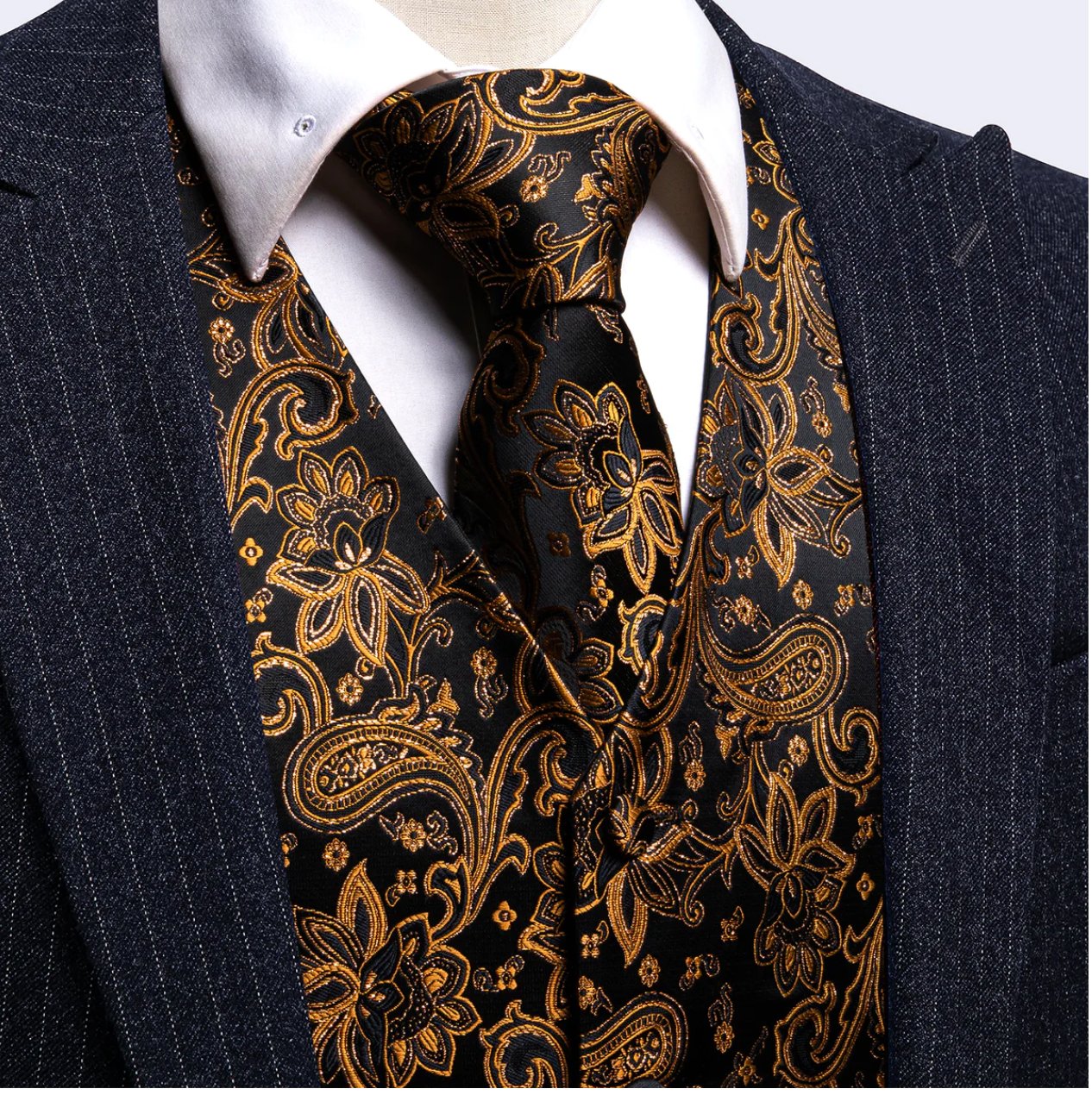 BLACK BROWN JACQUARD SILK WAISTCOAT VEST HANDKERCHIEF CUFFLINKS TIE VEST SET- MJ-2078 - SimonVon Shop