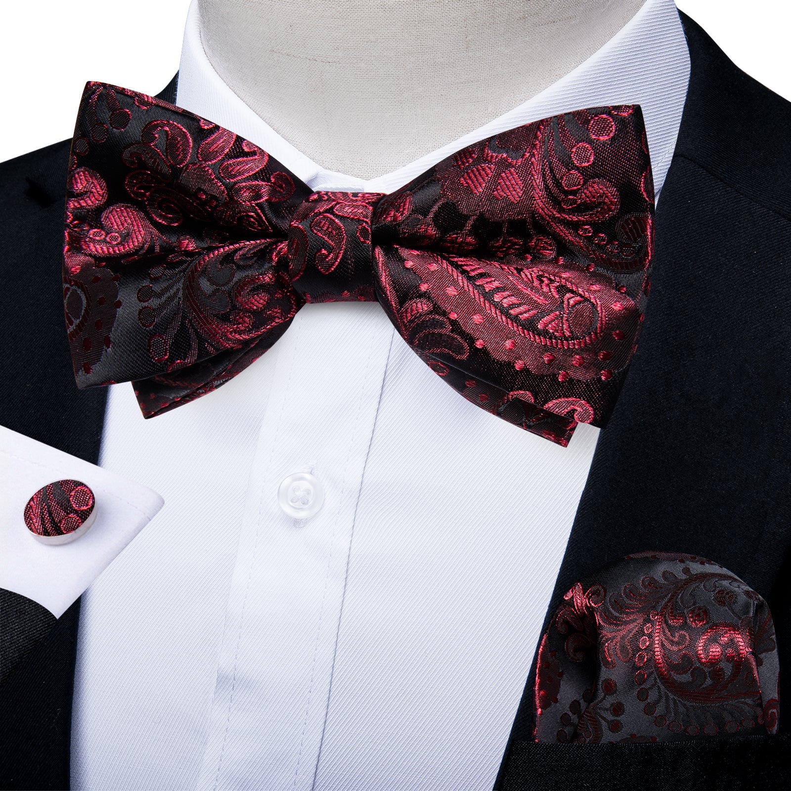 BLACK CLARET FLORAL SILK MEN'S PRE-BOWTIE POCKET SQUARE CUFFLINKS SET- LH-7090 - SimonVon Shop