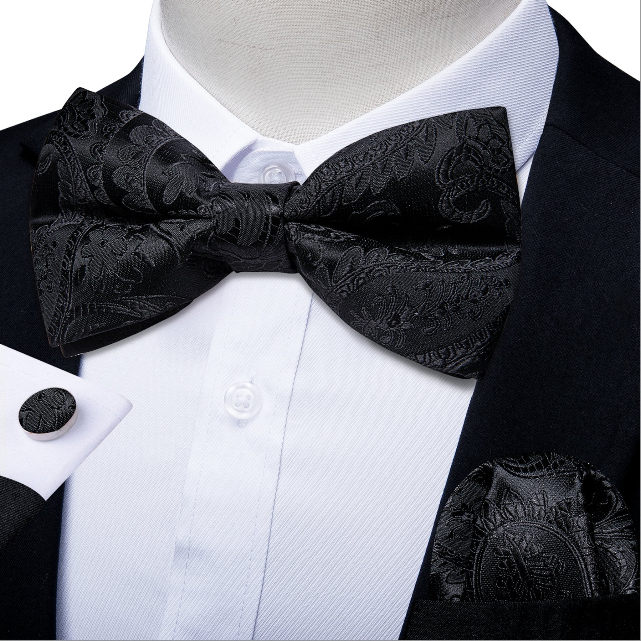 Black Floral Silk Bowtie Pocket Square Cufflinks Set- LH-7019 - SimonVon Shop