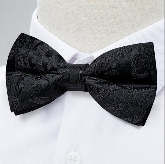 Black Floral Silk Bowtie Pocket Square Cufflinks Set - LH - 7019 - SimonVon Shop