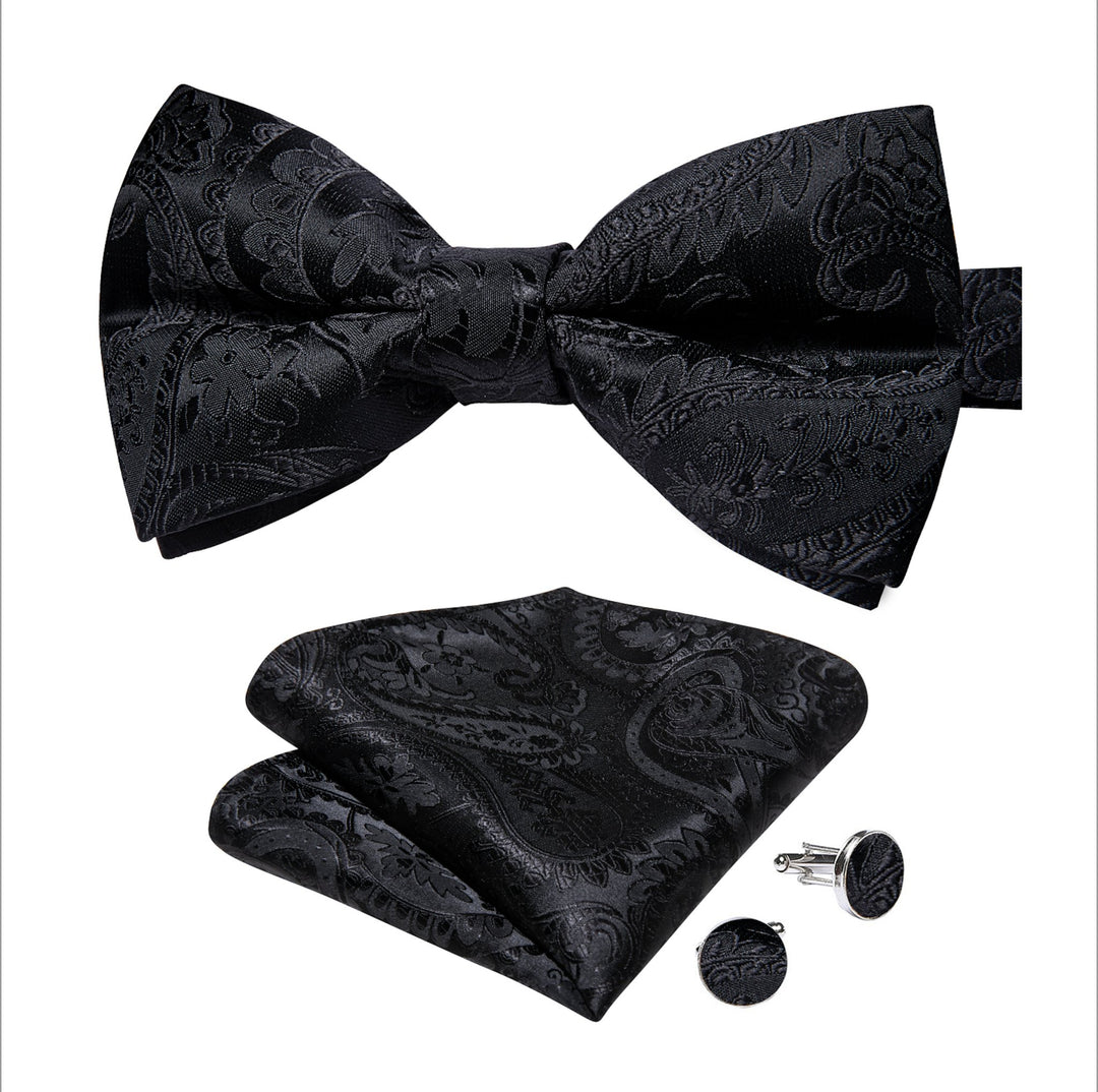Black Floral Silk Bowtie Pocket Square Cufflinks Set - LH - 7019 - SimonVon Shop