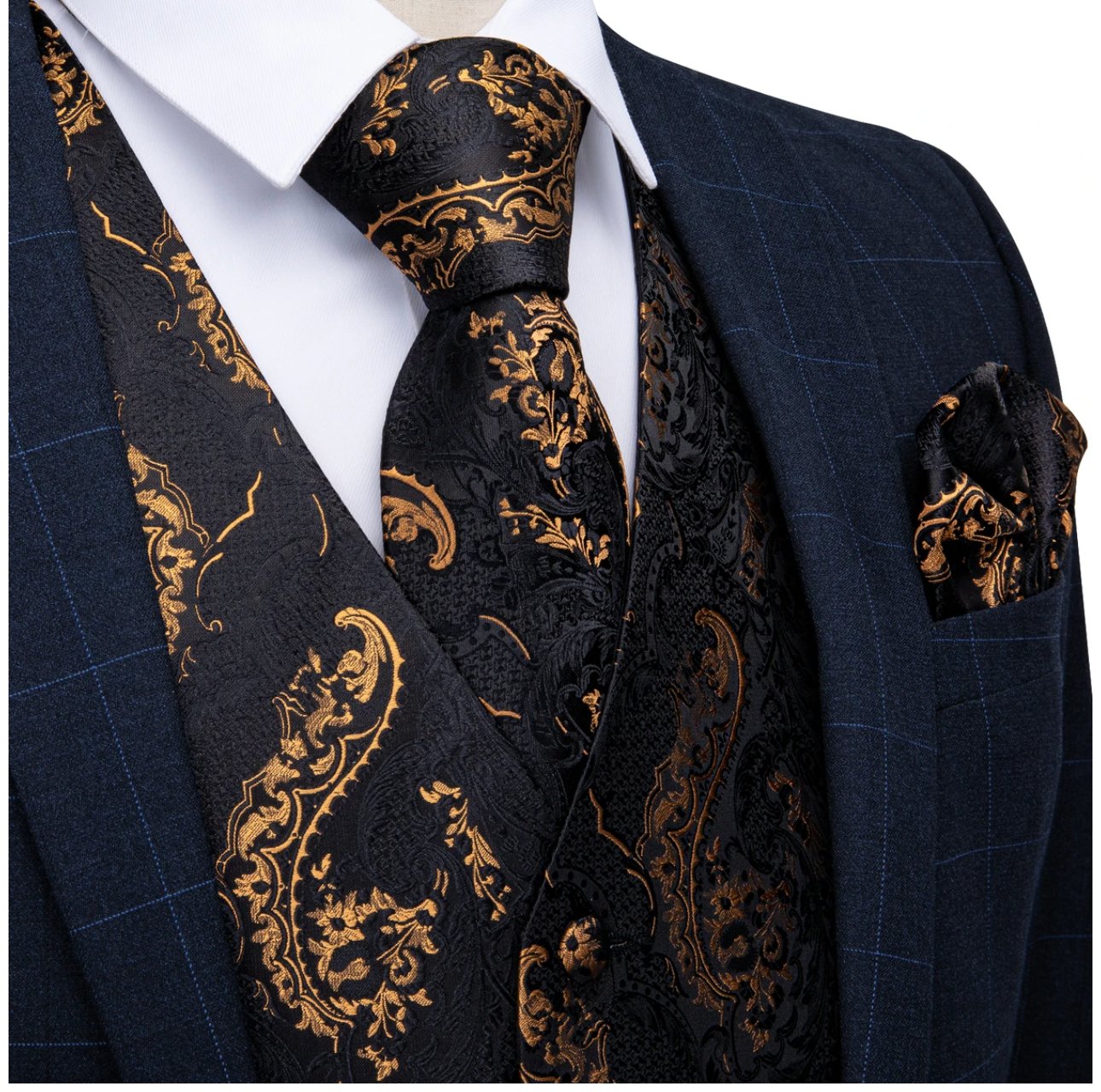 Black Gold Floral Jacquard Silk Wastcoat Vest Handerchif Cufflinks Tie Vest Set- Mj-0123 - SimonVon Shop