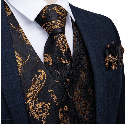 Black Gold Floral Jacquard Silk Wastcoat Vest Handerchif Cufflinks Tie Vest Set - Mj - 0123 - SimonVon Shop