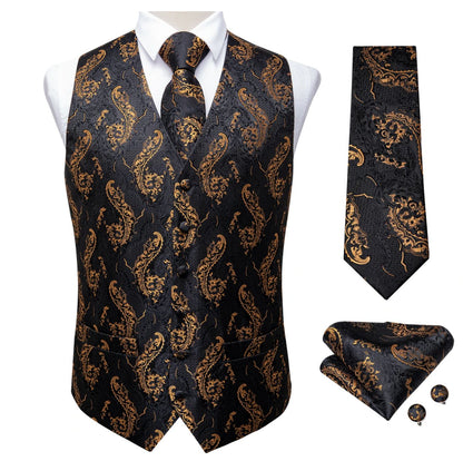 Black Gold Floral Jacquard Silk Wastcoat Vest Handerchif Cufflinks Tie Vest Set - Mj - 0123 - SimonVon Shop