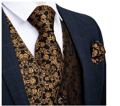 Black Gold Floral Paisley Waistcoat and Necktie Pocket Square Cufflink Vest Set - MJ - 0126 - SimonVon Shop