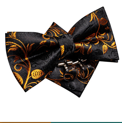 Black Gold Floral Silk Bowtie Pocket Square Cufflinks Set - LH - 0573 - SimonVon Shop