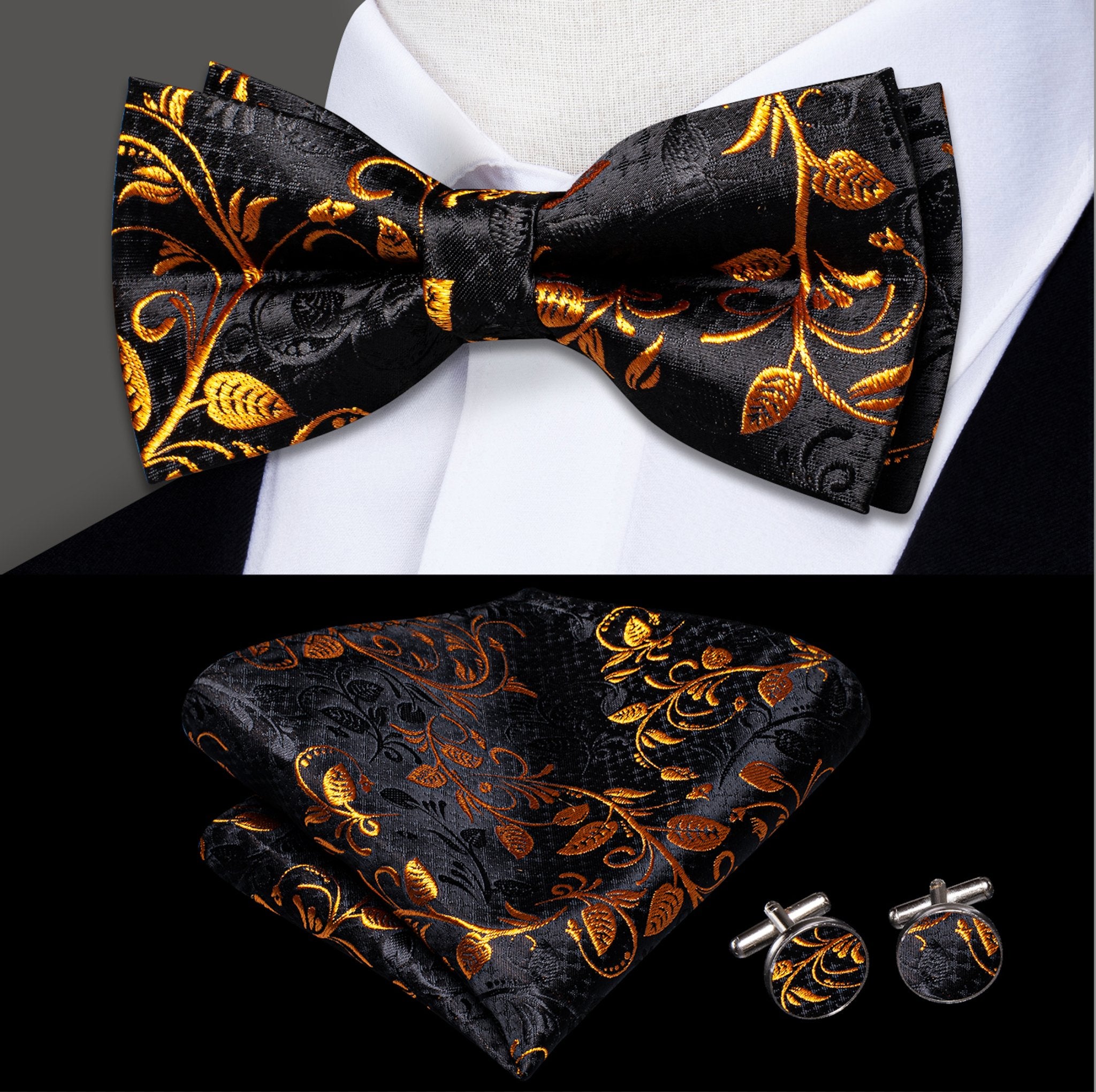 Black Gold Floral Silk Bowtie Pocket Square Cufflinks Set- LH-0573 - SimonVon Shop