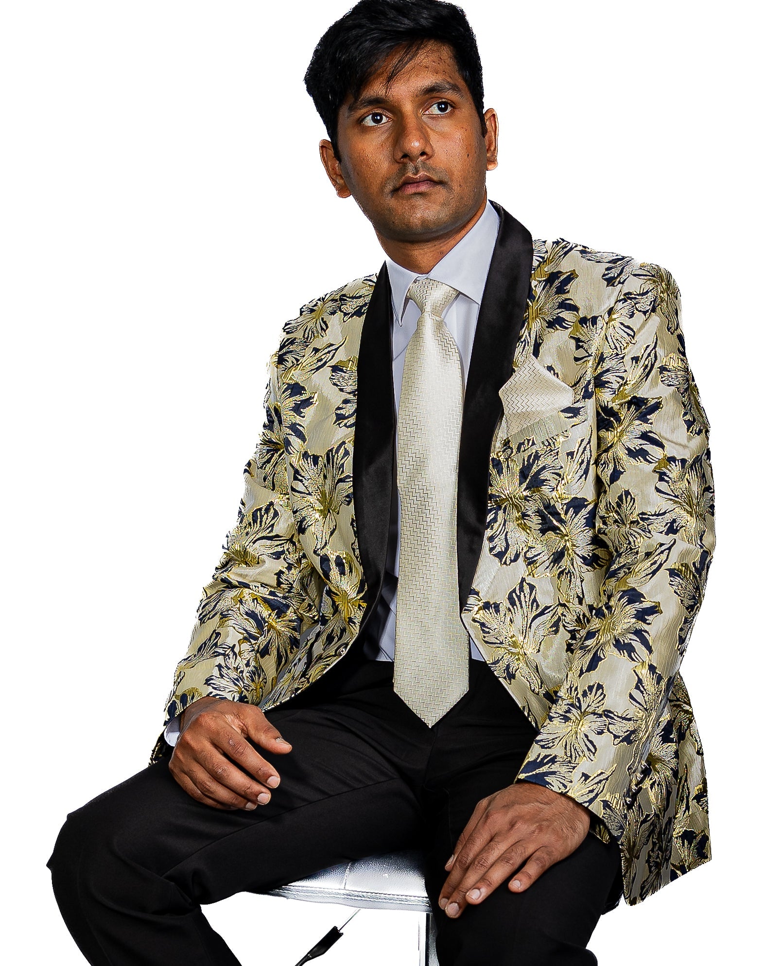 Black Gold Floral Suit Jacket Slim One Button Stylish Blazer-XX-0033 - SimonVon Shop