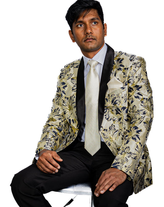 Black Gold Floral Suit Jacket Slim One Button Stylish Blazer - XX - 0033 - SimonVon Shop