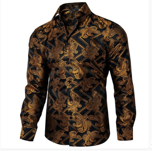 Black Gold Silk Paisley Long Sleeve Men's Shirt. CY - 2010 - SimonVon Shop