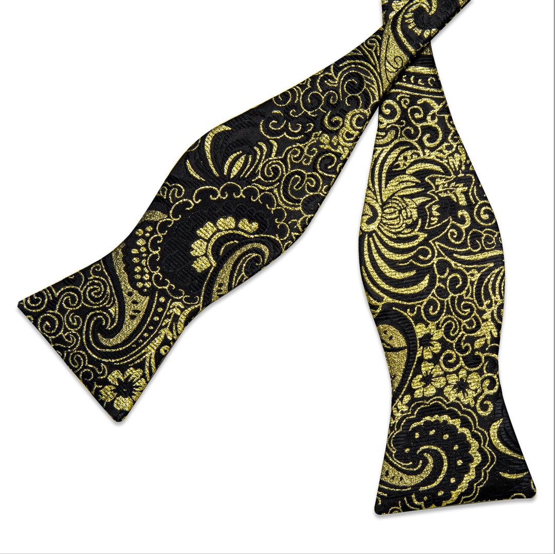 Black Golden Floral Silk Self Bowtie Pocket Square Cufflinks Set - LH - 3045 - SimonVon Shop