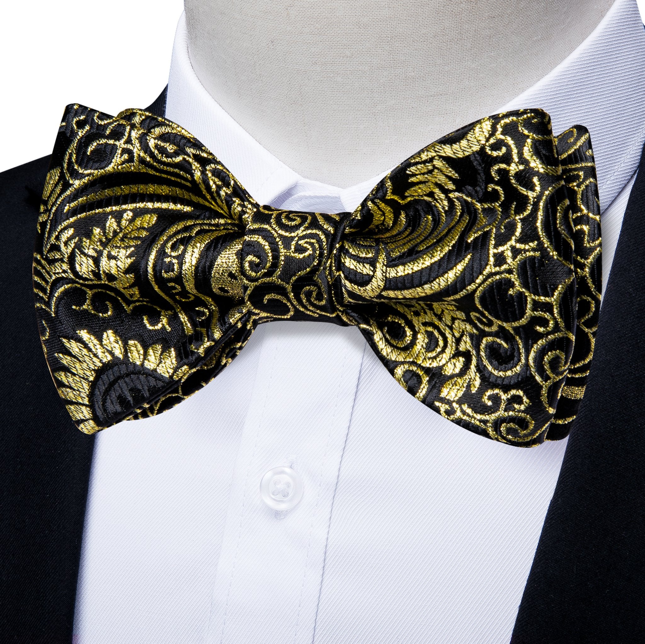 Black Golden Floral Silk Self Bowtie Pocket Square Cufflinks Set-LH-3045 - SimonVon Shop