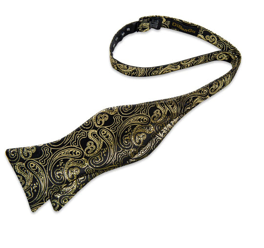 Black Golden Floral Silk Self Bowtie Pocket Square Cufflinks Set - LH - 3045 - SimonVon Shop