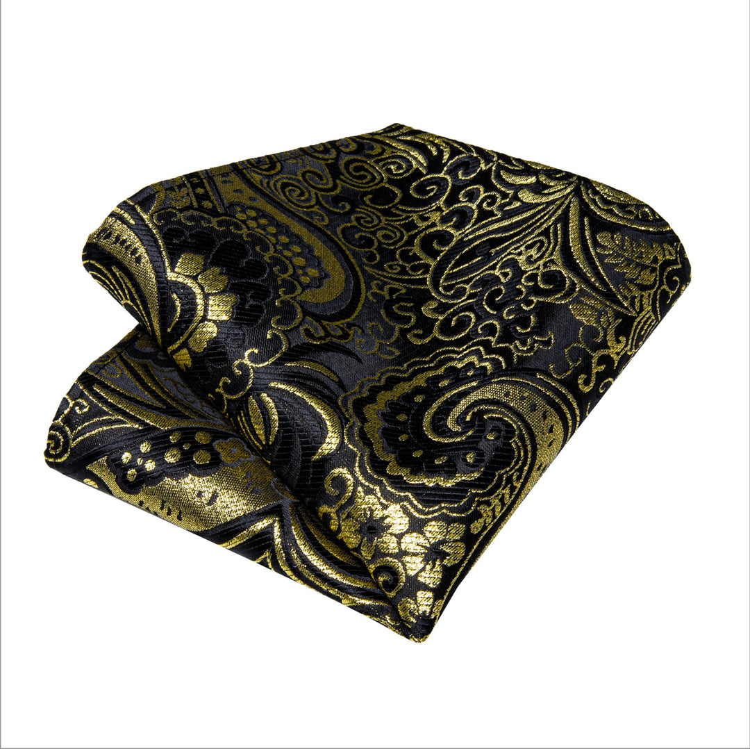 Black Golden Floral Silk Self Bowtie Pocket Square Cufflinks Set - LH - 3045 - SimonVon Shop