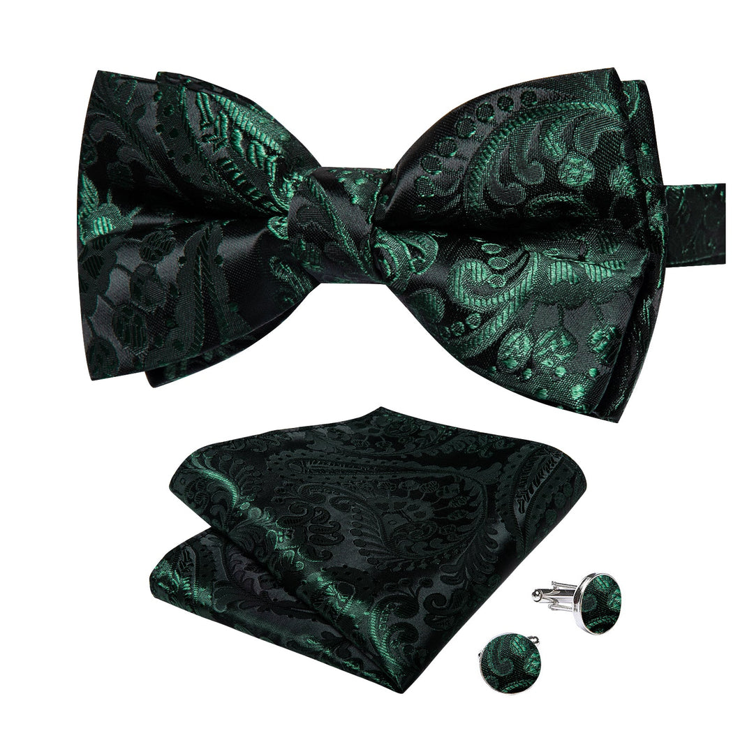 BLACK GREEN FLORAL SILK BOWTIE POCKET SQUARE CUFFLINKS SET - LH - 7086 - SimonVon Shop