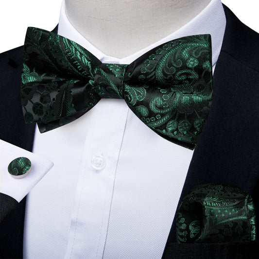 BLACK GREEN FLORAL SILK BOWTIE POCKET SQUARE CUFFLINKS SET - LH - 7086 - SimonVon Shop