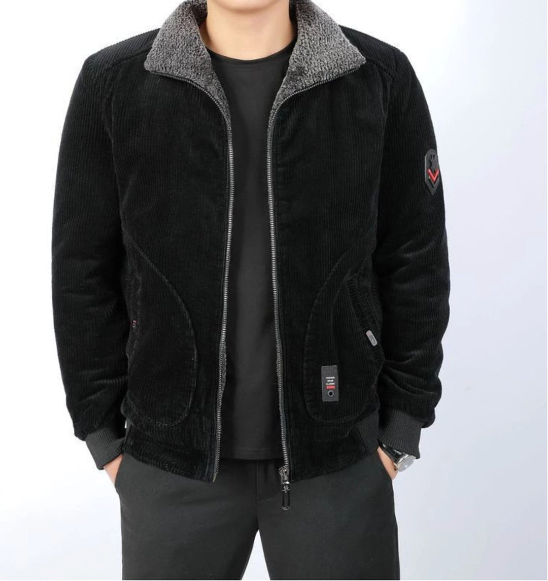 Black Men's Fleece Lining Corduroy Winter Fleece Warm Coat - SimonVon Shop