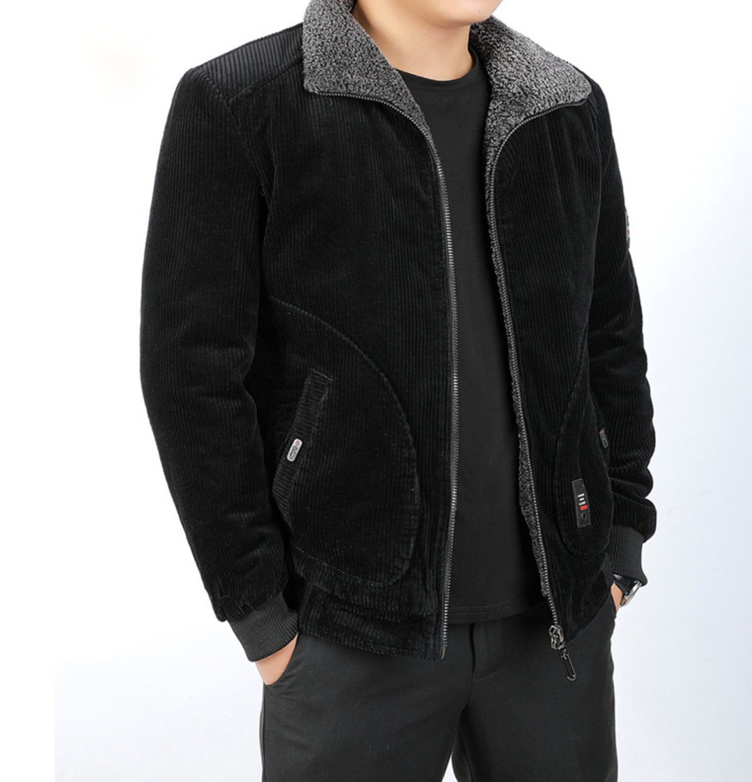 Black Men's Fleece Lining Corduroy Winter Fleece Warm Coat - SimonVon Shop