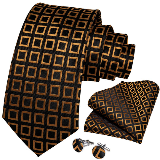 Black Orange Square Plaid Tie Pocket Square Cufflinks Set - N - 7303 - SimonVon Shop