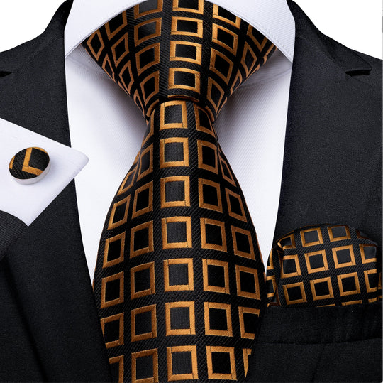 Black Orange Square Plaid Tie Pocket Square Cufflinks Set - N - 7303 - SimonVon Shop