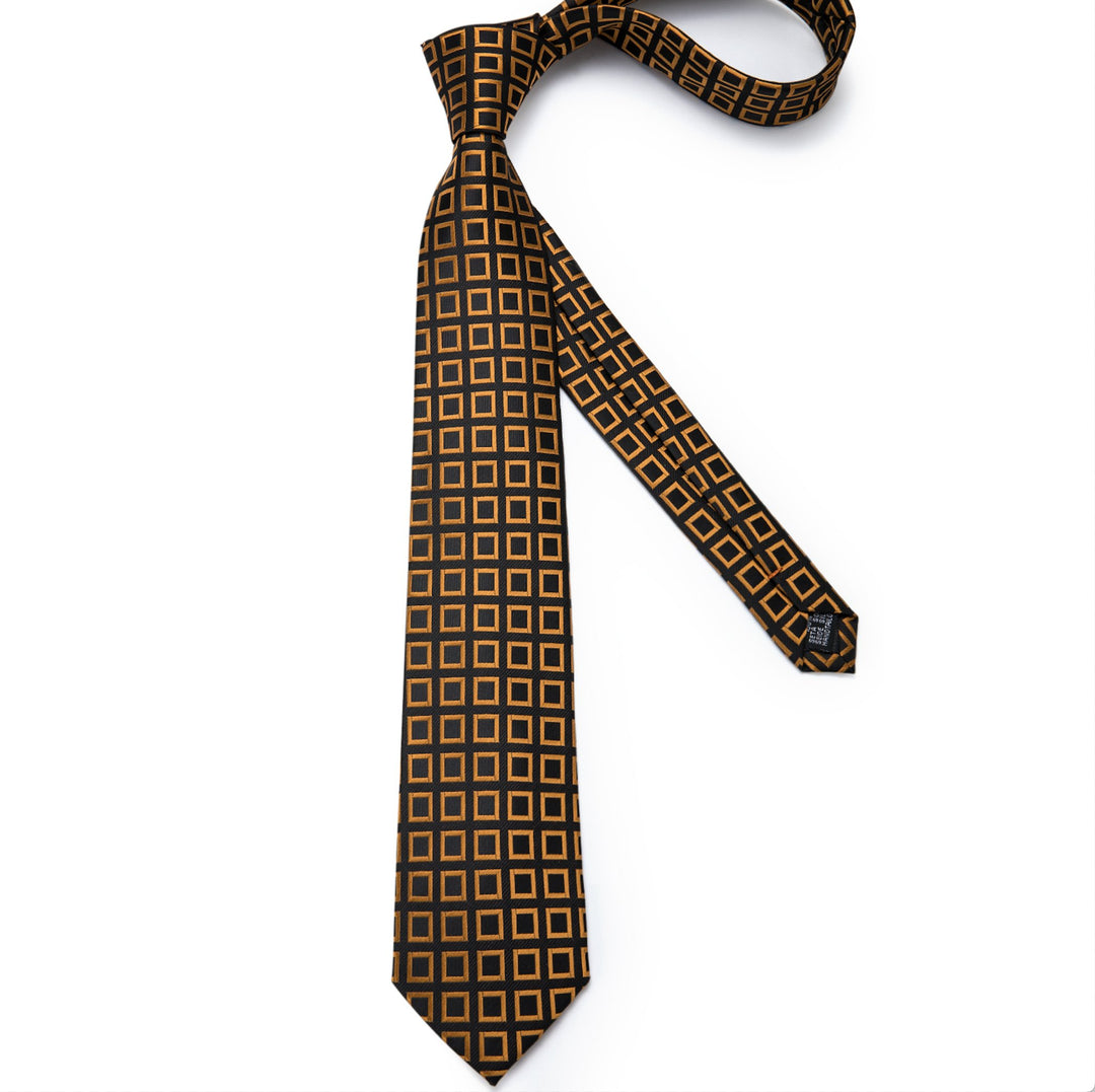 Black Orange Square Plaid Tie Pocket Square Cufflinks Set - N - 7303 - SimonVon Shop