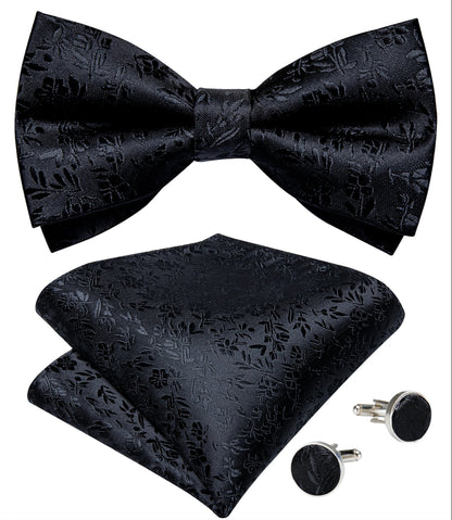 Black Paisley Bowtie Pocket Square Cufflinks Set - LH - 0150 - SimonVon Shop