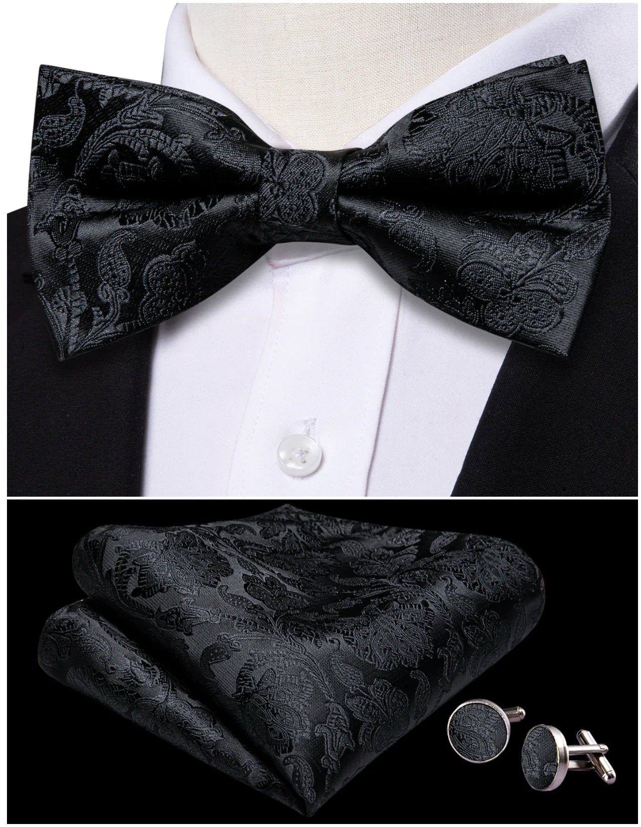 Black Paisley Bowtie Pocket Square Cufflinks Set - LH - 0150 - SimonVon Shop