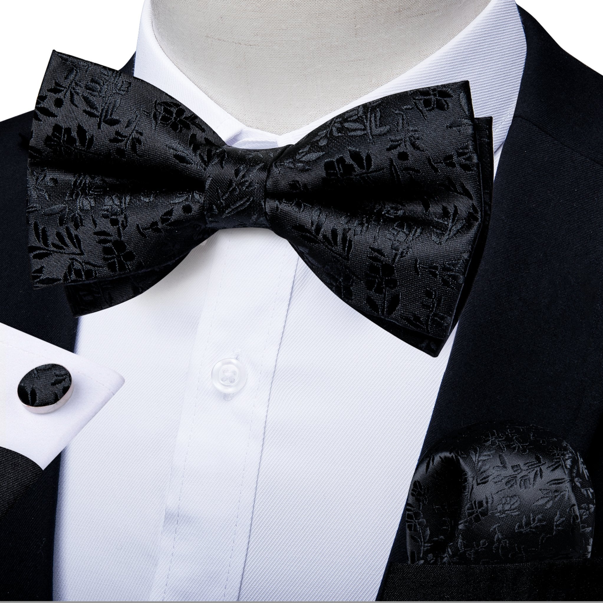 Black Paisley Bowtie Pocket Square Cufflinks Set- LH-0150 - SimonVon Shop