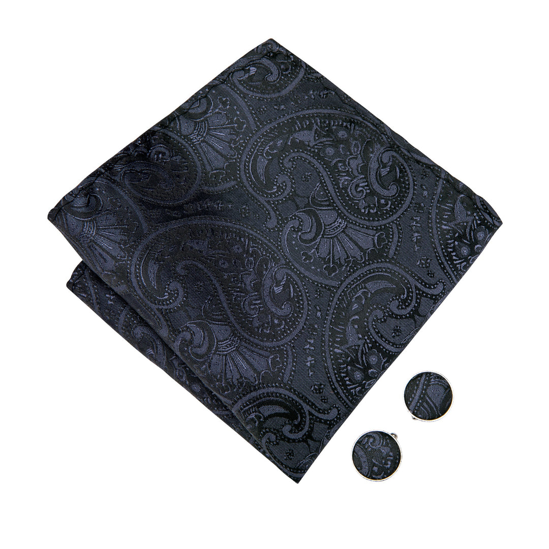 Black Paisley Silk Bow Tie Pocket Square Cufflinks Set - LH - 0718 - SimonVon Shop