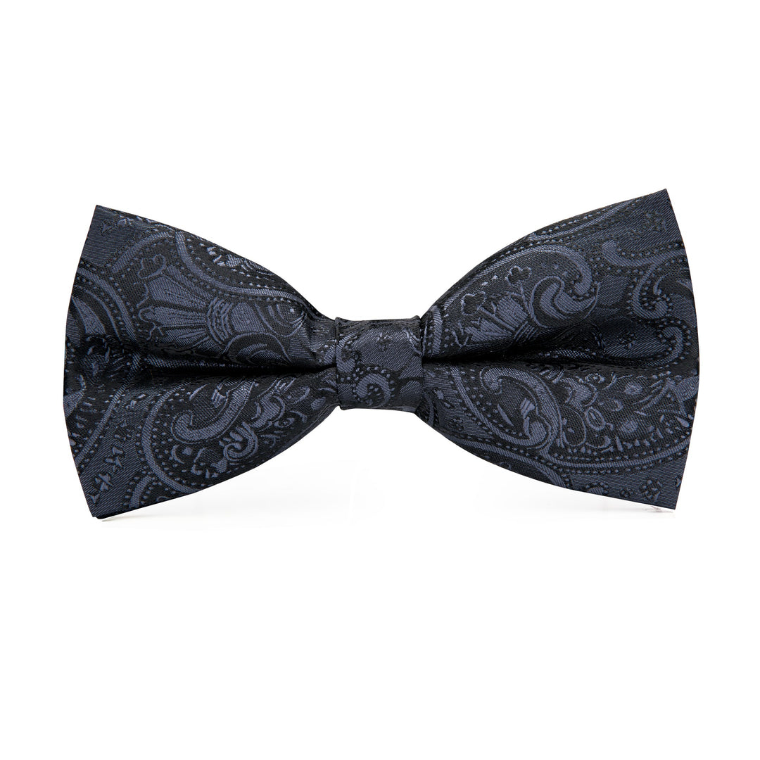 Black Paisley Silk Bow Tie Pocket Square Cufflinks Set - LH - 0718 - SimonVon Shop