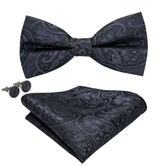 Black Paisley Silk Bow Tie Pocket Square Cufflinks Set - LH - 0718 - SimonVon Shop