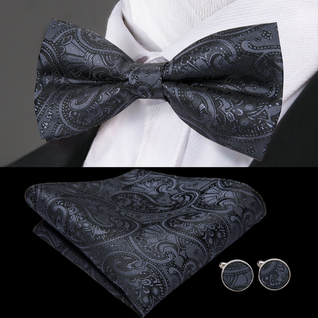 Black Paisley Silk Bow Tie Pocket Square Cufflinks Set - LH - 0718 - SimonVon Shop