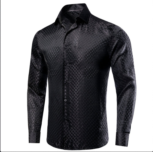 Black Plaid Silk Men's Long Sleeve Shirt - CY - 1650 - SimonVon Shop