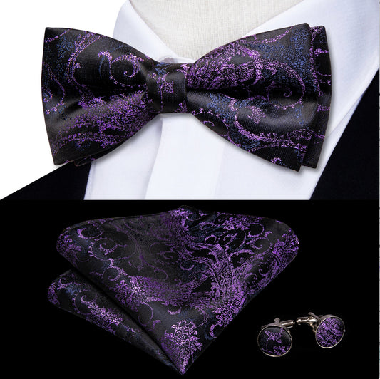 Black Purple Blue Paisley Pre - tied Bow Tie Hanky Cufflinks Set - LH - 0566 - SimonVon Shop