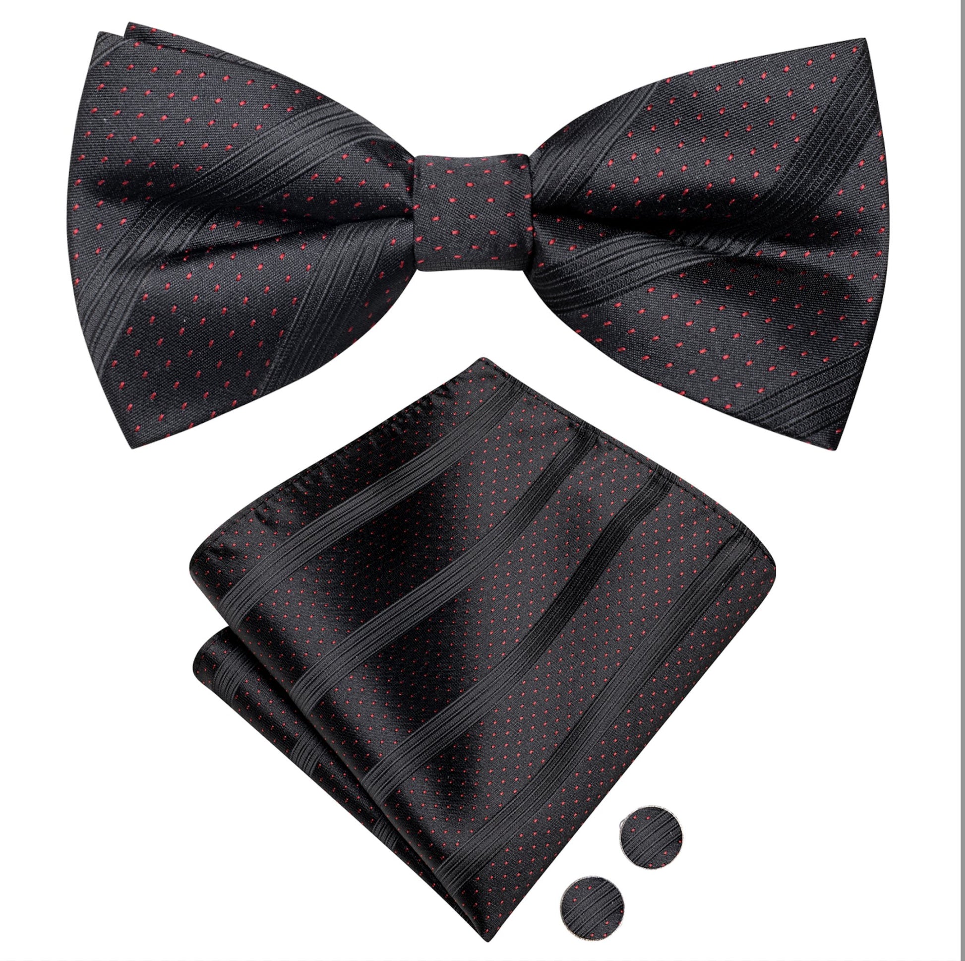 Black Red Dot Silk Bowtie Pocket Square Cufflinks Set - LH - 2527 - SimonVon Shop