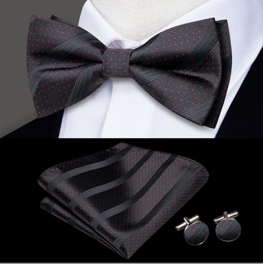 Black Red Dot Silk Bowtie Pocket Square Cufflinks Set - LH - 2527 - SimonVon Shop