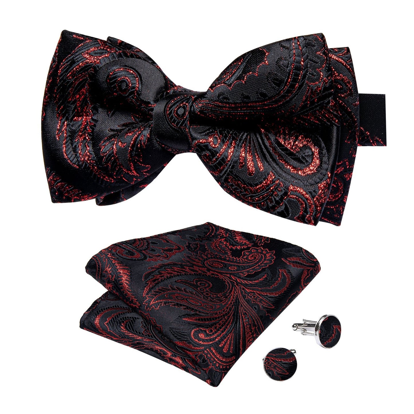 Black Red Paisley Pre - tied Bow Tie Hanky Cufflinks Set - LH - 0169 - SimonVon Shop