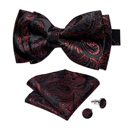 Black Red Paisley Pre - tied Bow Tie Hanky Cufflinks Set - LH - 0169 - SimonVon Shop