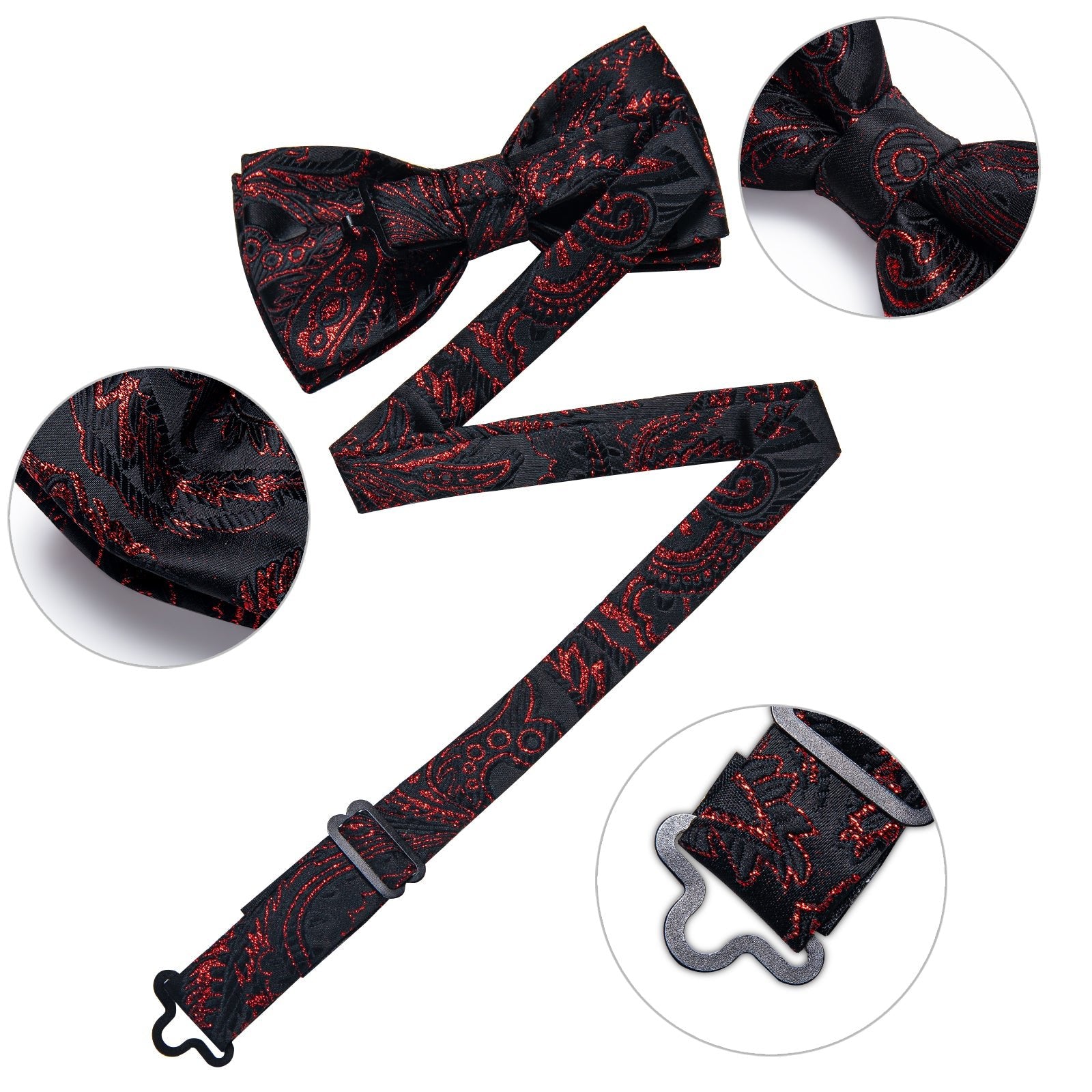 Black Red Paisley Pre - tied Bow Tie Hanky Cufflinks Set - LH - 0169 - SimonVon Shop