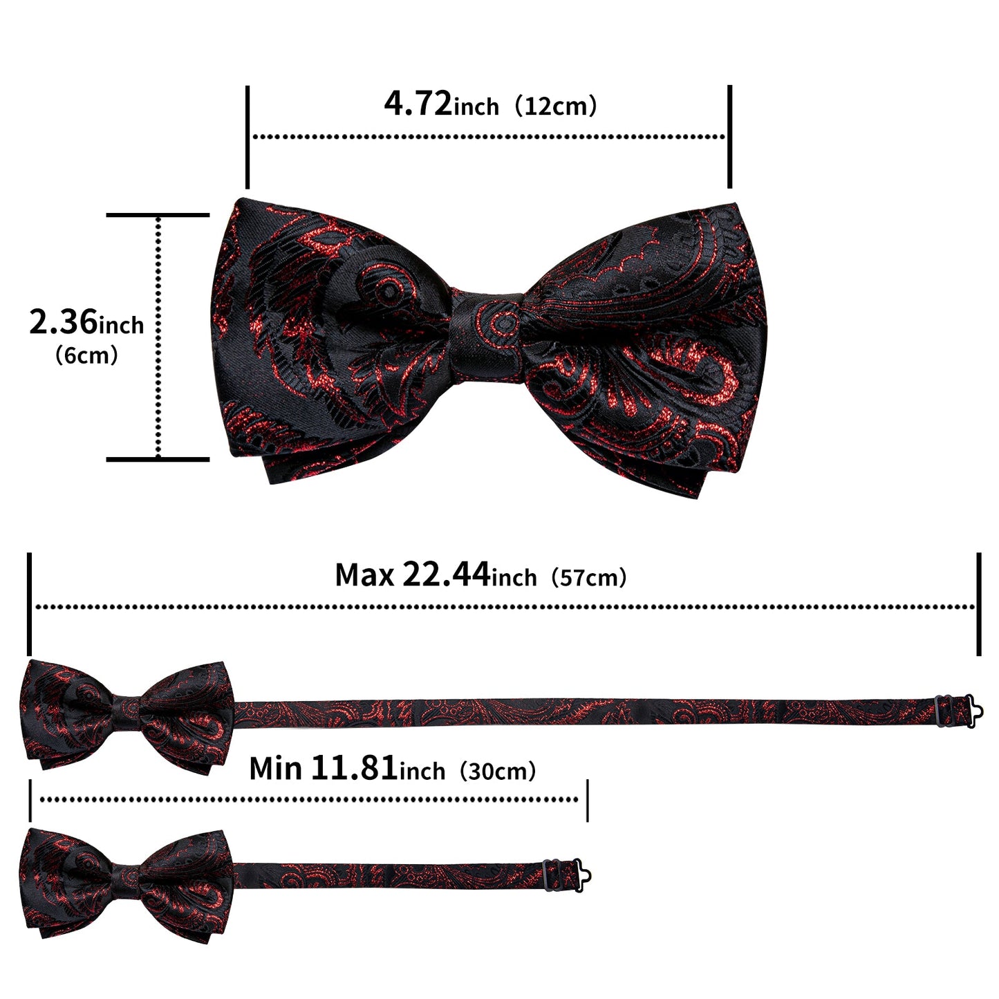 Black Red Paisley Pre - tied Bow Tie Hanky Cufflinks Set - LH - 0169 - SimonVon Shop