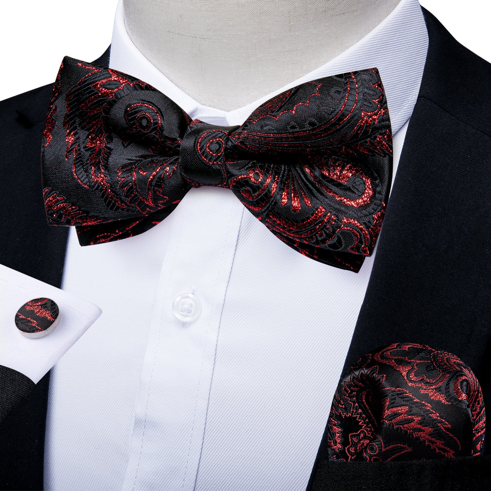 Black Red Paisley Pre - tied Bow Tie Hanky Cufflinks Set - LH - 0169 - SimonVon Shop