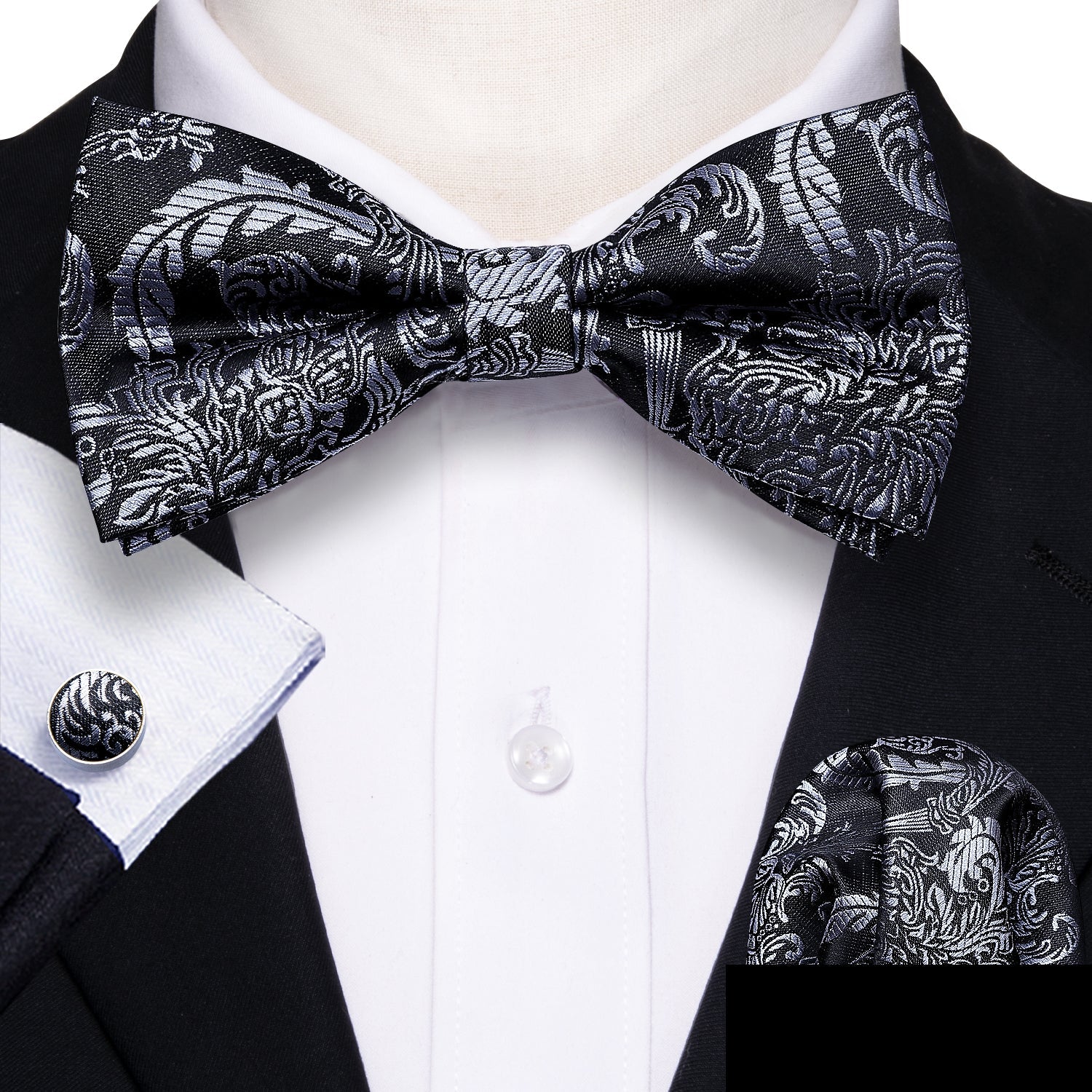 Black Silver Floral Silk Bowtie Pocket Square Cufflinks Set LH-0937 - SimonVon Shop