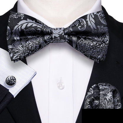 Black Silver Floral Silk Bowtie Pocket Square Cufflinks Set LH - 0937 - SimonVon Shop