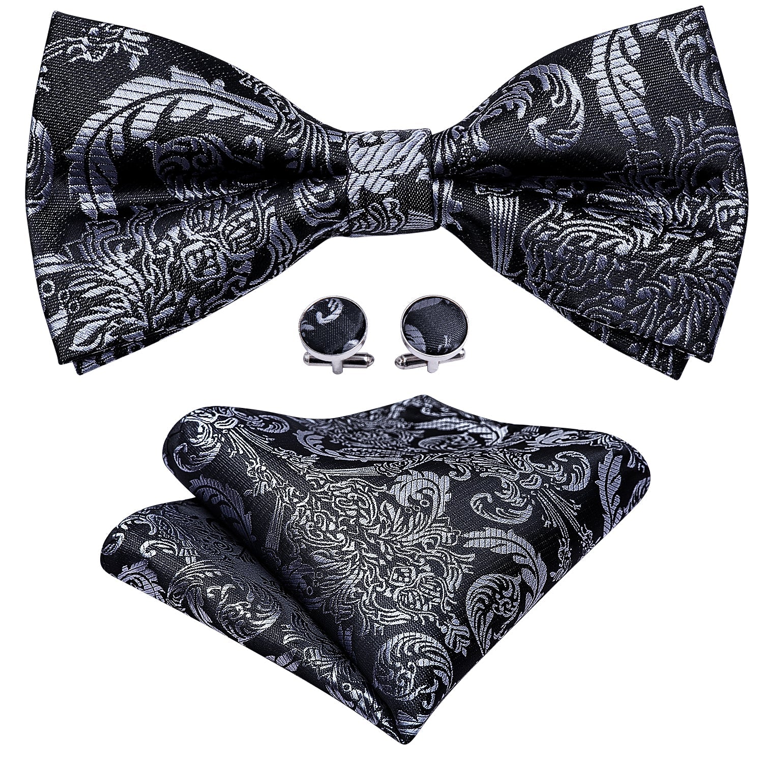 Black Silver Floral Silk Bowtie Pocket Square Cufflinks Set LH - 0937 - SimonVon Shop