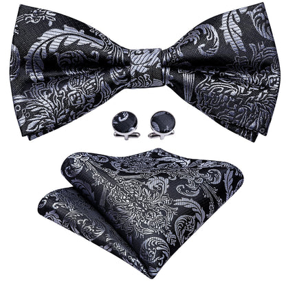 Black Silver Floral Silk Bowtie Pocket Square Cufflinks Set LH - 0937 - SimonVon Shop