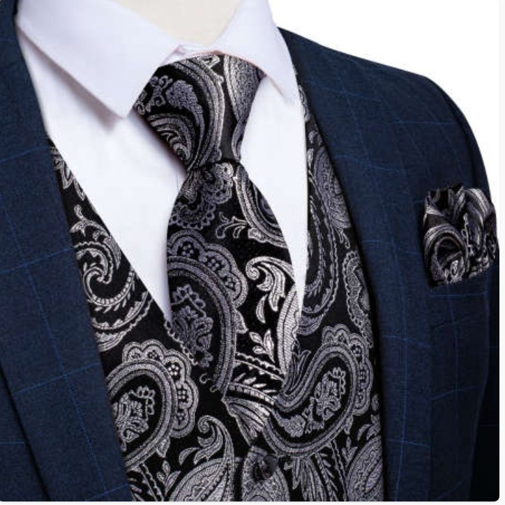 BLACK SILVER PAISLEY JACQUARD SILK WAISTCOAT VEST HANDKERCHIEF CUFFLINKS TIE VEST SUIT SET- MJ-0148 - SimonVon Shop