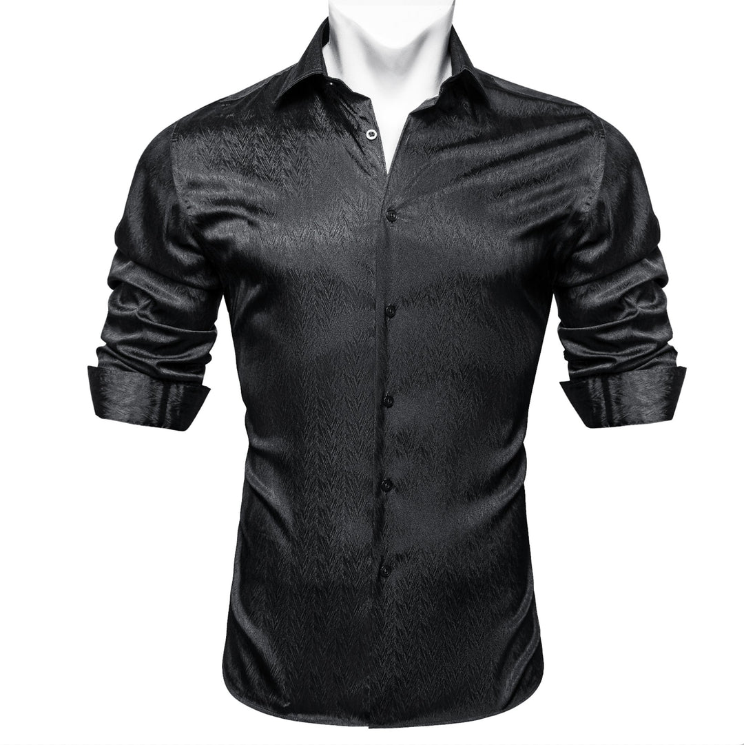 Black Solid Silk Men's Long Sleeve Dress Shirt - CY - 0545 - SimonVon Shop