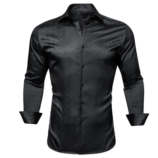 Black Solid Silk Men's Long Sleeve Dress Shirt - CY - 0545 - SimonVon Shop