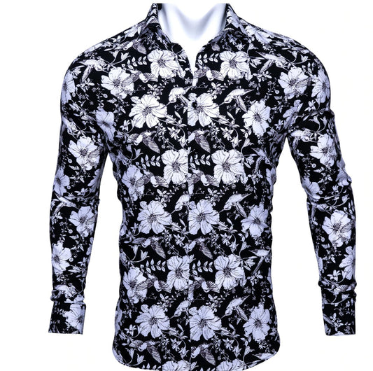 Black White Floral Casual Shirts. CY - 0105 - SimonVon Shop