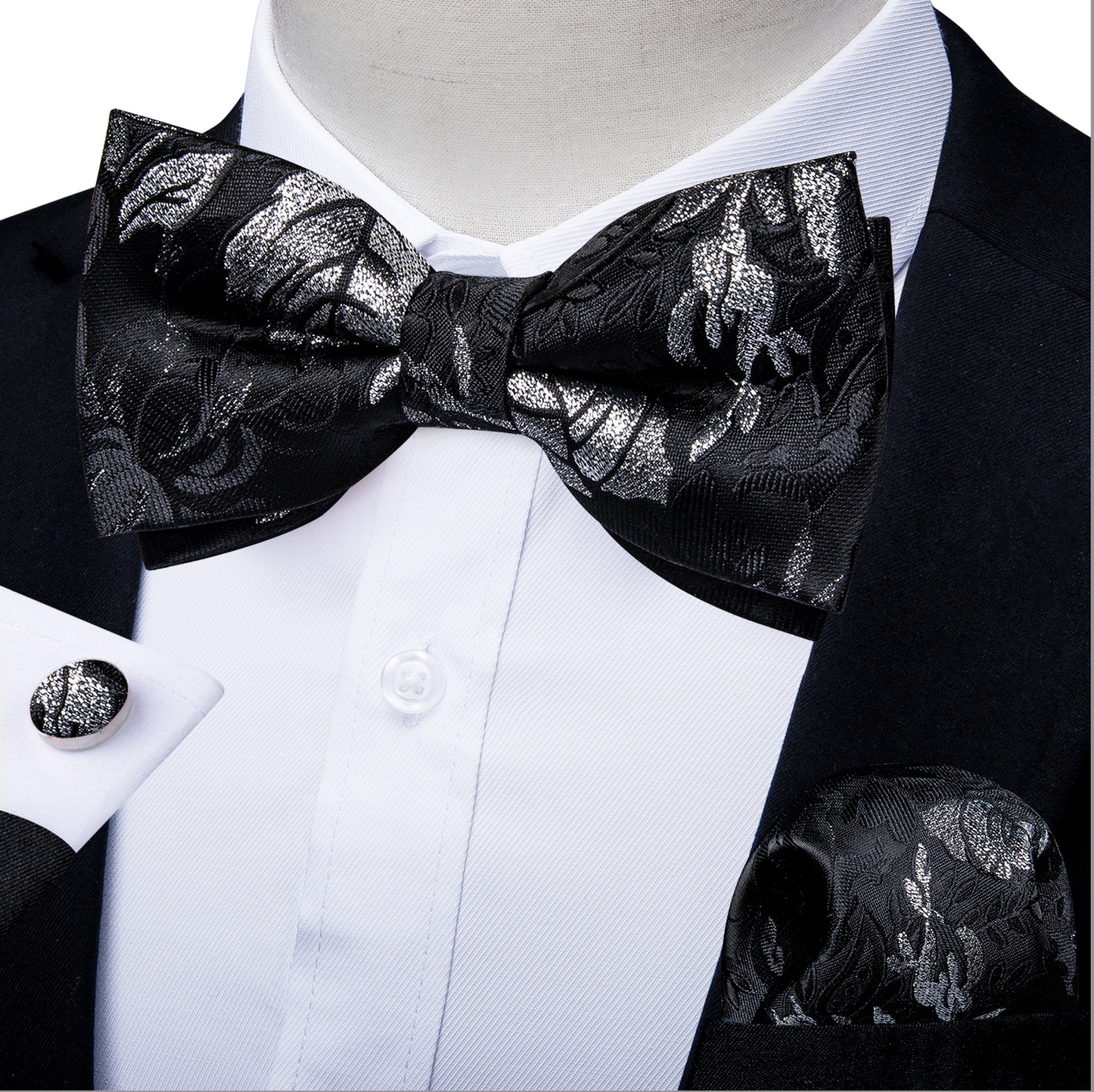 Black White Flower Silk Bowtie Pocket Square Cufflinks Set- LH-0156 - SimonVon Shop